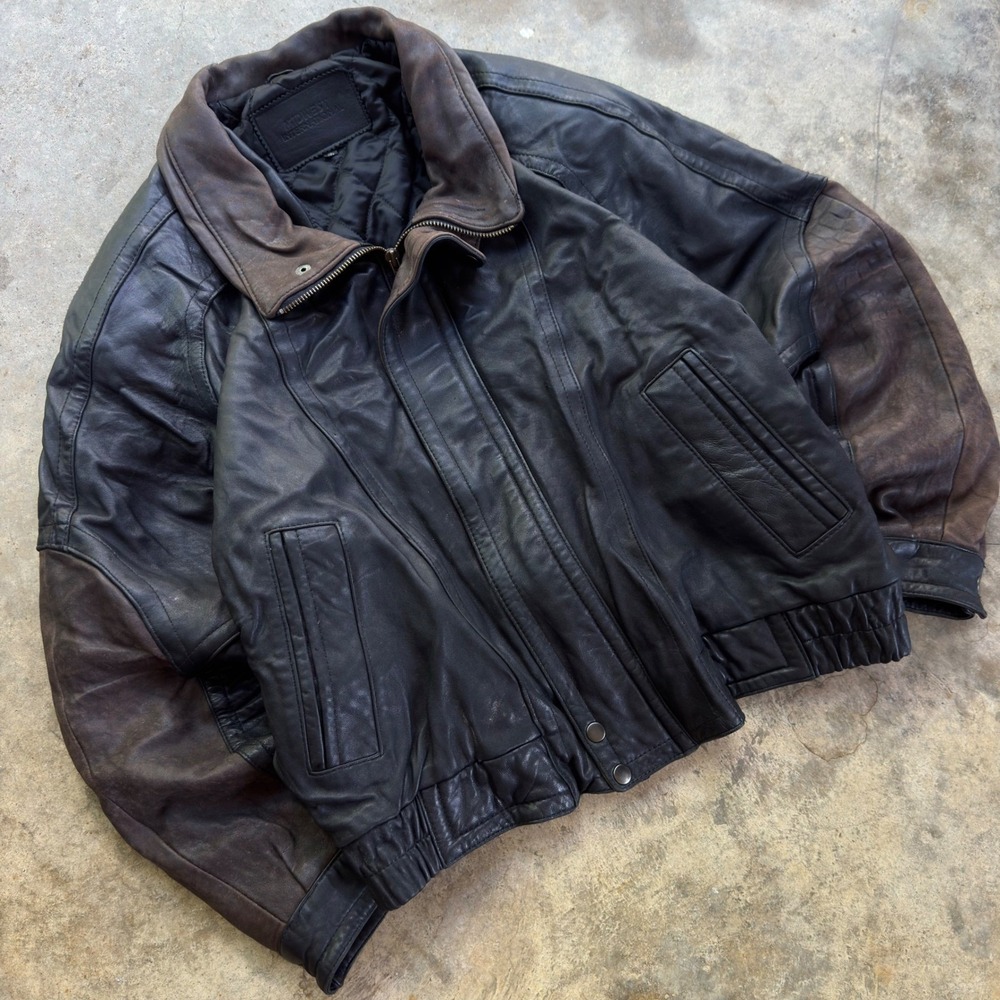Vintage 90s Midwest International Leather Bomber Jacket Brown Black XL (d10)